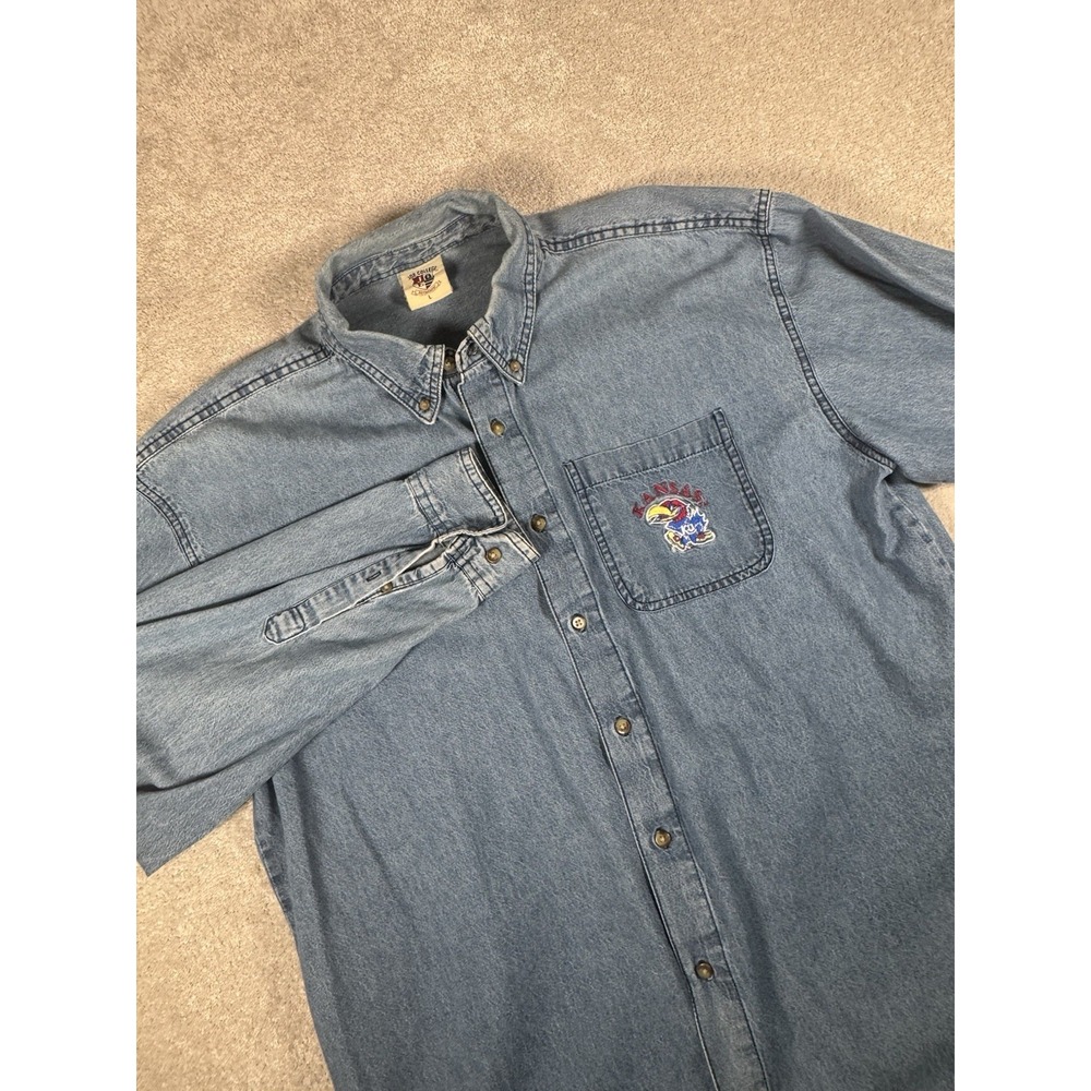 Kansas‎ Jayhawks Shirt Mens L Blue Denim Button Up Embroidered NCAA College